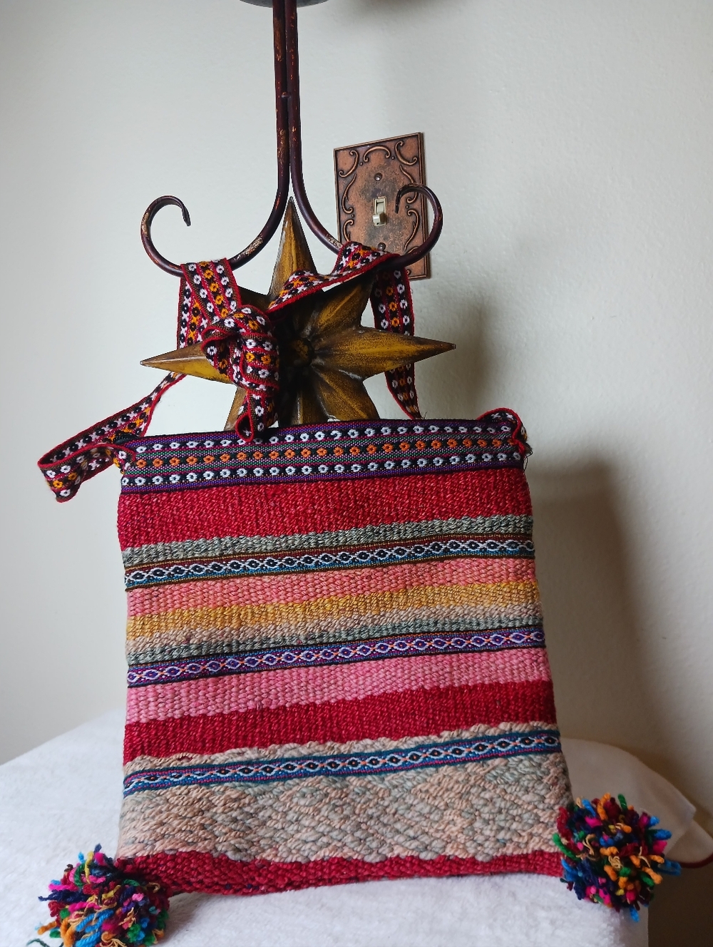 Colorful Striped Handwoven Tote with Pom-Pom Accents